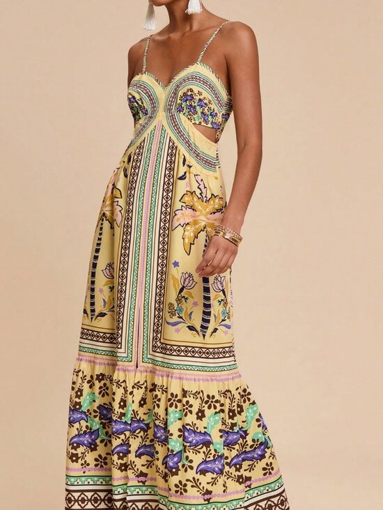Multicolor Boho Women's Halter Dress with Cutout Waistband and Side Slits - Picture 6 of 7